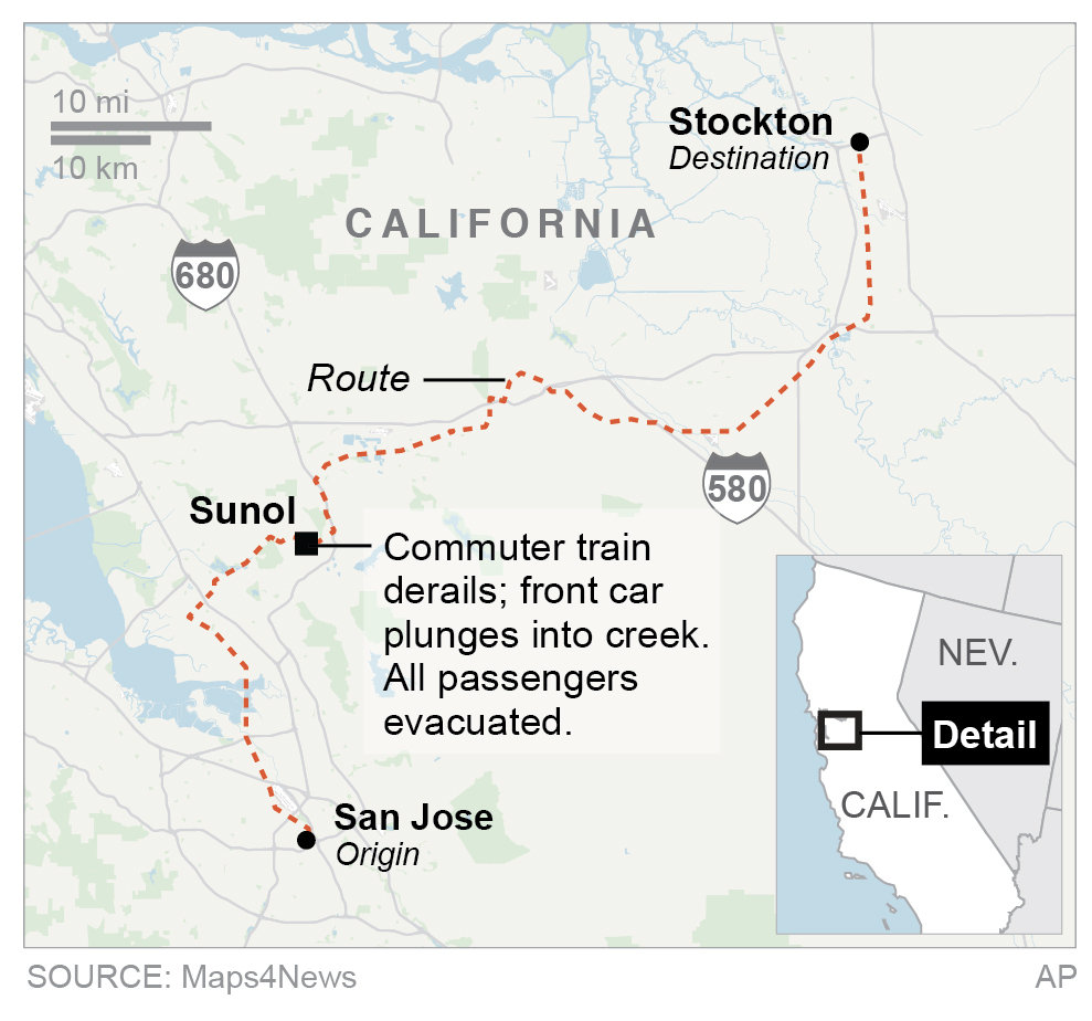 Commuter train derails in Alameda County, California