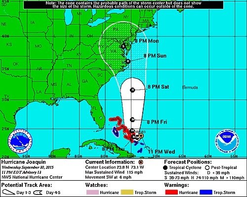 Hurricane Joaquin strengthens to Category 3, threatens East Coast