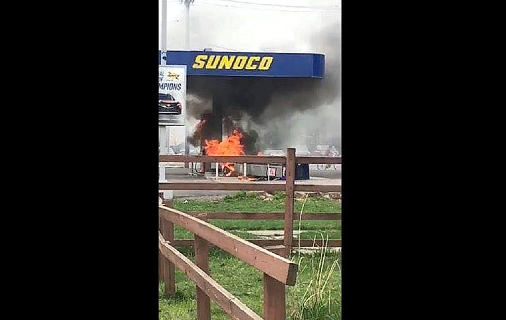 Cortland firefighters battle fuel pump fire at Sunoco after hit-and-run