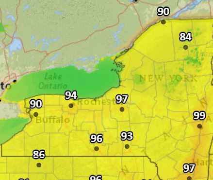 It could feel like almost 100 degrees in Upstate NY on Monday
