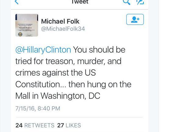 W. Va. lawmaker Mike Folk: I regret 'tone' of my tweet calling for Clinton to be hanged